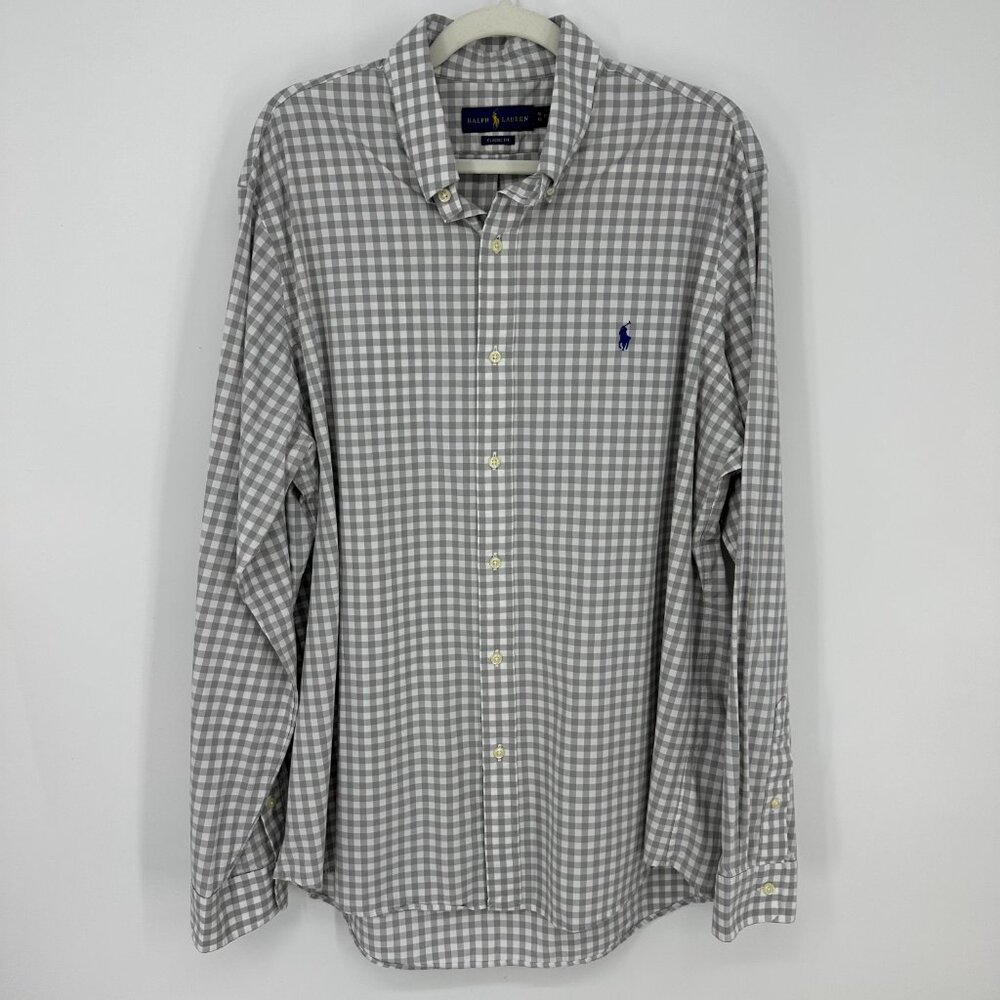 Ralph Lauren Gingham Plaid‎ Button Down Dress Shirt Classic Fit Check Gray White